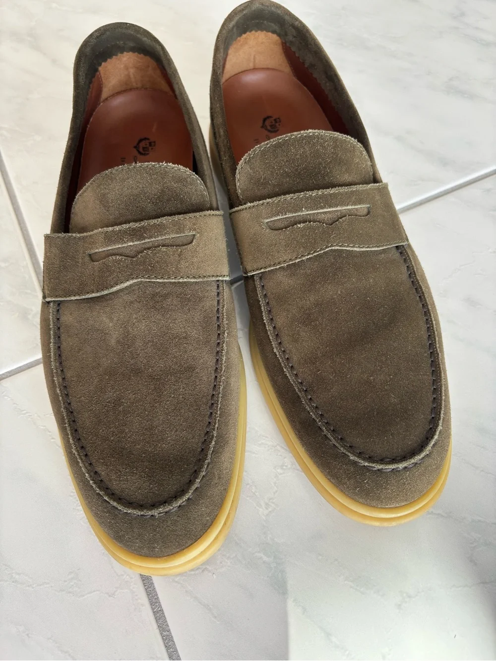 Loro Piana Olive Suede Penny Loafers with Gum Sole